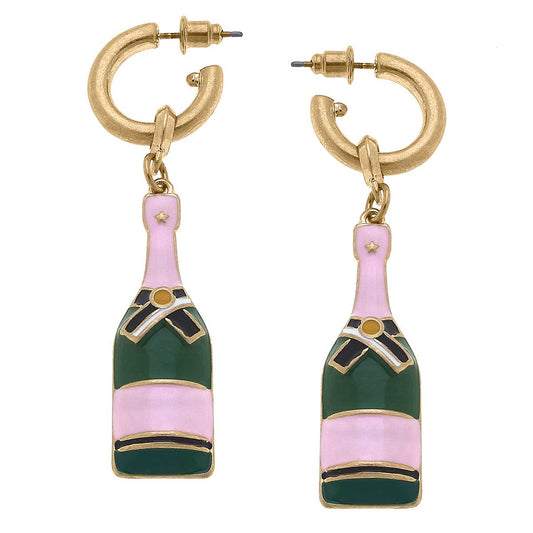 Lola Enamel Champagne Bottle Drop Hoop Earrings in Pink & Gr