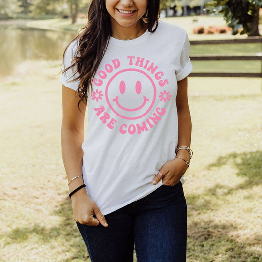 Good Things Are Coming Pink Happy Face Graphic Tee